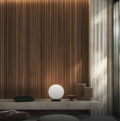 Vertical wood slat wall with refined interior decor
