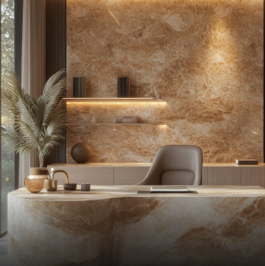 Exclusive stone countertop and backlit onyx wall