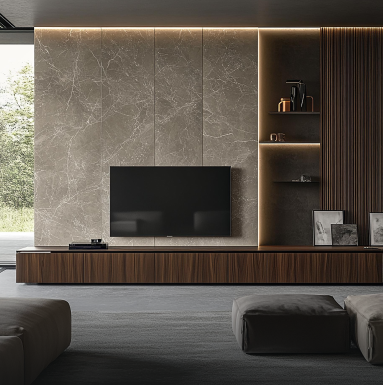 Modern TV unit with integrated storage and warm lighting